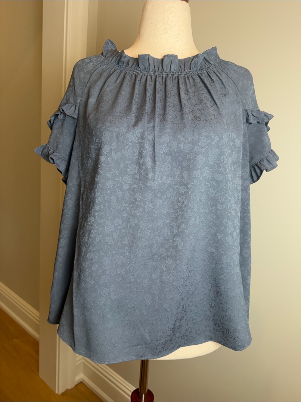 Current Air Dusty Blue Floral Jacquard Ruffle-Neck Blouse